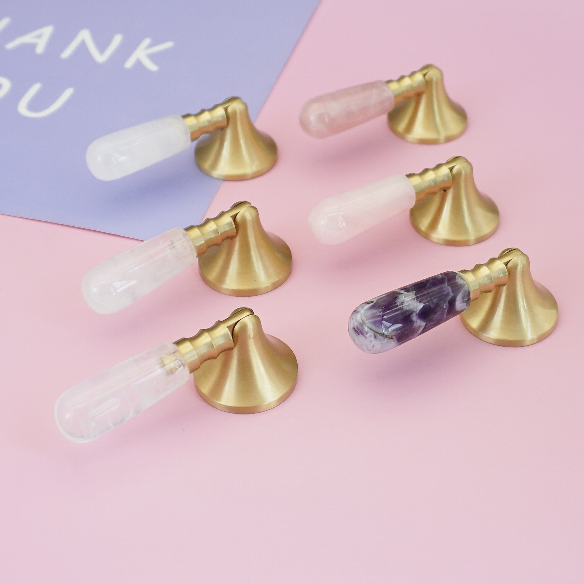 Furniture Hardware Drop Pulls - Pink Natural Crystal + Solid Brass